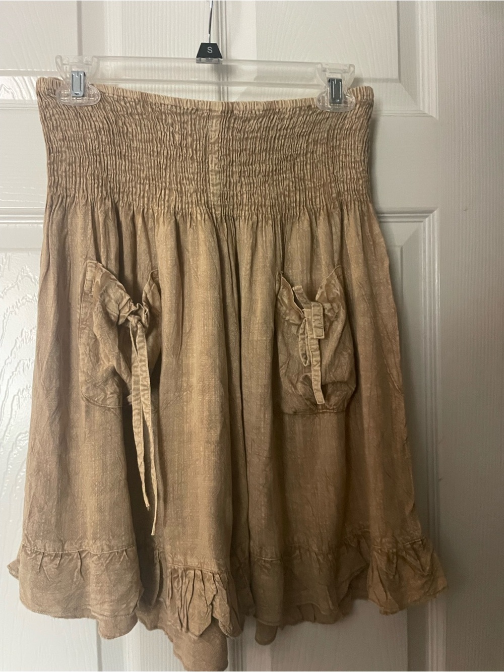 Zara Light Brown Smocked Waist Ruffle-Hem Skirt with Tied Pockets